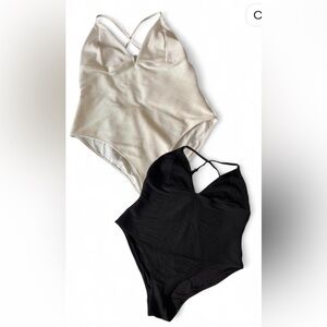 Set of 2 Black and White Ribbed One Piece Bathing Suit